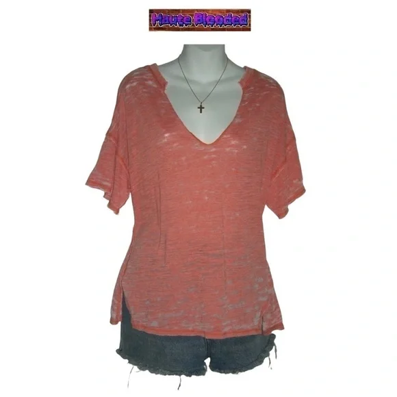 We The Free Orange Burn Out Distressed Tee Shirt Free People Urban Outfitters - Picture 1 of 10